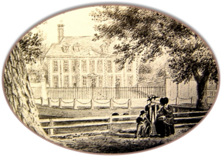 A large tree over-arching a pond with two ladies of the eighteen-forties and a child infront of a large house