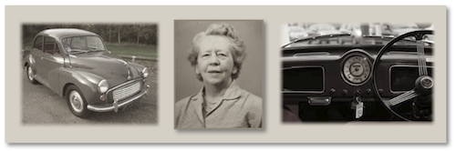 three photographs from left to right; the interior of a Morris Minor circa nineteen-sixty, Joan Shaw, the interior of a morris minor circa ninteen-sixty