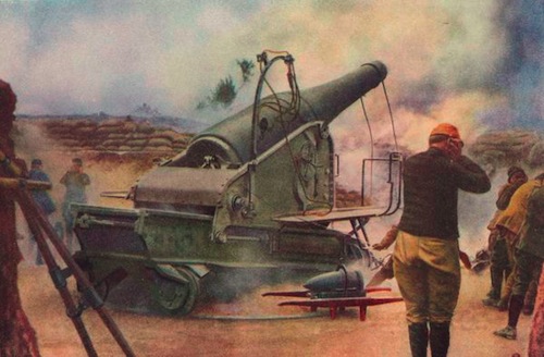 Soldiers put hands to their ears as their canons fire shells off to the distant enemy