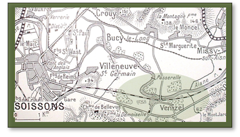 Map of area along the river Aisne from Soissons to Venizel, the area around Venizel at bottom-left shaded green in an oval shape. Bucy-le-long is a hamlet to the north of Venizel.