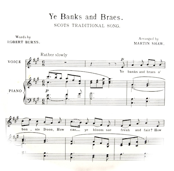 Traditional Scots Song. First bars of sheet music fading out into a circle with the title etc. Musical instructions, 
        'rather slowly'.