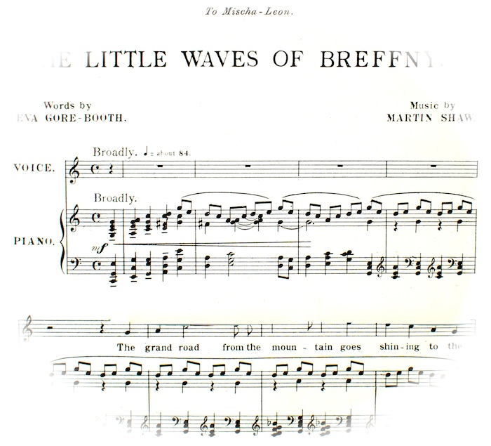 first few bars of sheet music of little waves of Breffney fading out into a circle. Instructions 'Broadly'>