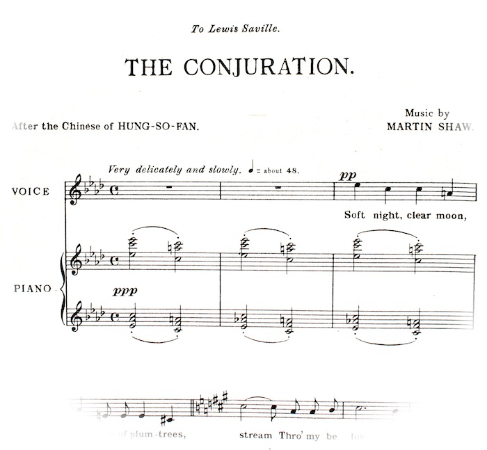 First few bars of 'The Conjuration' sheet music. Instruction, 'very delicately and slowly'.