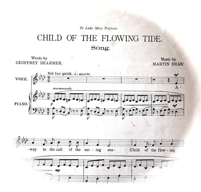 sheet music for Child of the Flowing Tide fading out in a circular shape. Instruction 'not too quick'.