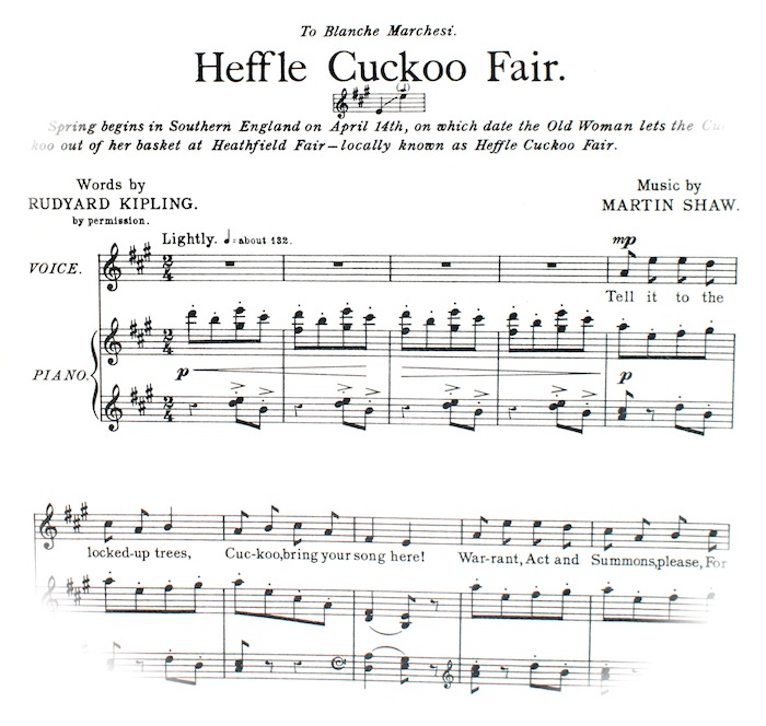 sheet music at the top of which explains: Spring begins in Southern England on April the fourteenth, on which date the Old Woman lets the cuckoo out of her basket at Heathfield Fair - locally known as Heffle Cuckoo Fair. To be played and sung 'lightly'.