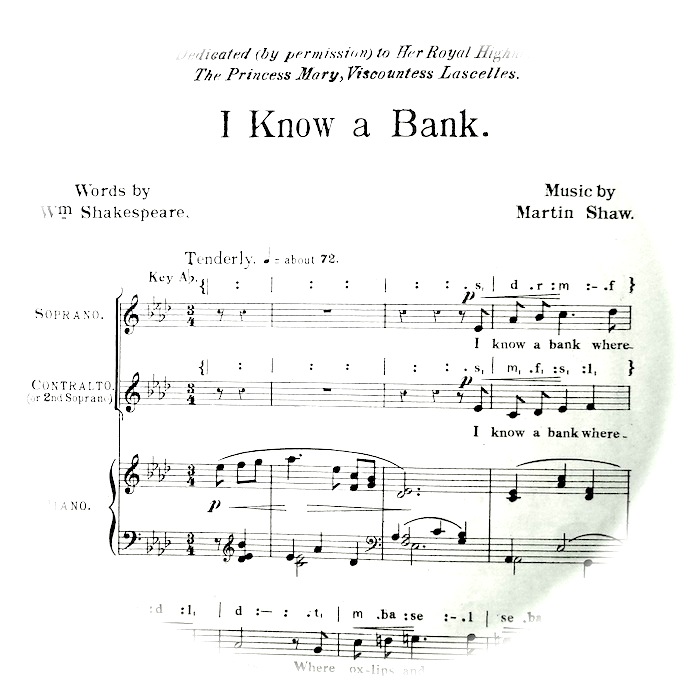 sheet music of 'I know a bank' fading out into a circle. Instruction 'tenderly'.