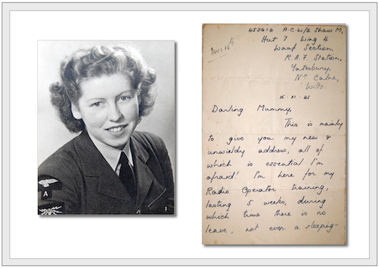 Double image of a young Waaf sergeant with fair wavy hair and the first page of a letter