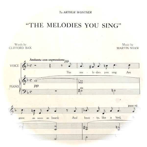 sheet music of 'the Melodies you Sing', faded out at edges so it has a circular shaped edge.        Musical instruction 'andante con espressione'.