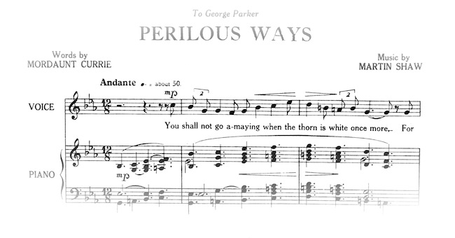 first bars of sheet music fading into  a circle. Musical instruction, 'andante'.