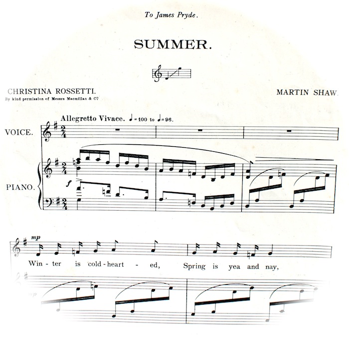First bars of 'Summer' sheet music fading out into a circle.  Musical Instructions, 'Allegretto Vivace'