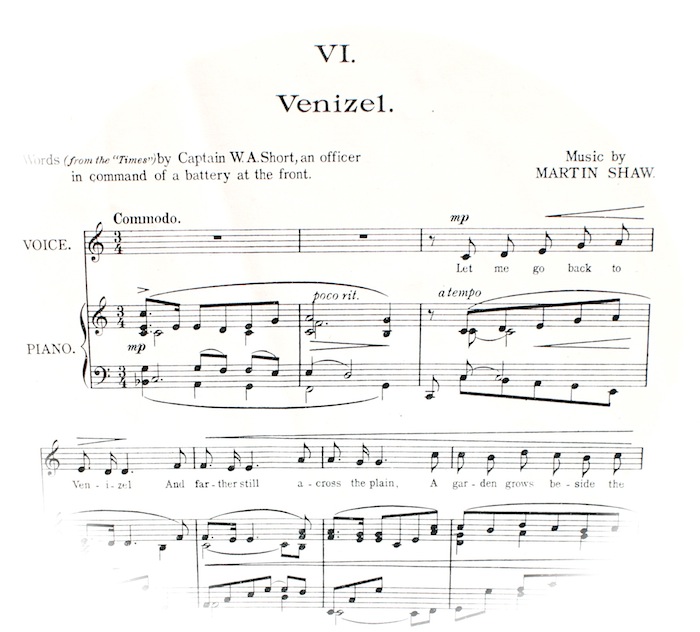 First few bars of 'Venizel' sheet music, musical instruction, 'commodo'.