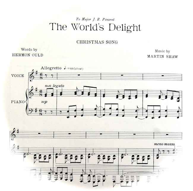 Sheet music of this Christmas song fading out into a circle. Playing instructions are 'Allegretto'.